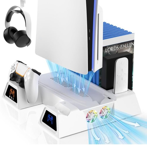 Nonbliep LED Stand and Cooling Station for PS5/Slim/Pro | with Controller Charger, PS5 Accessory Hook, 3 Speed ​​Fan, Games Storage, USB Port