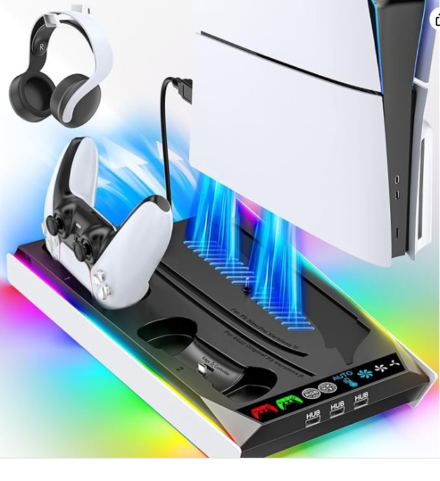 Rysker PS5/Pro/Slim Stand for Disc & Digital Console, Cooling & Charging Station with 3-Level Auto Fan, Controller Charger for PS5 & Edge Controller, Compatible with PS5 Pro Accessories, Black & White